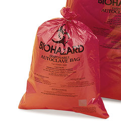 Disposal bags with sterilisat. indicator, imprinted Biohazard, 480 x 580 mm