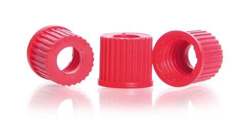 Screw caps with borehole, PBT, red, GL 14, Ø borhole 9.5 mm, -45 to +180 °C