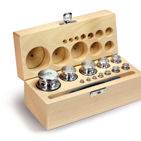 F2 1 g -  500 g Set of weights in wooden box, Finely turned stainless steel (O...