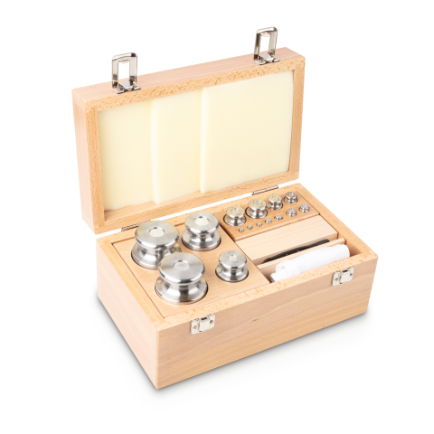 F2 1 g -  2 kg Set of weights in wooden box, Finely turned stainless steel (O...