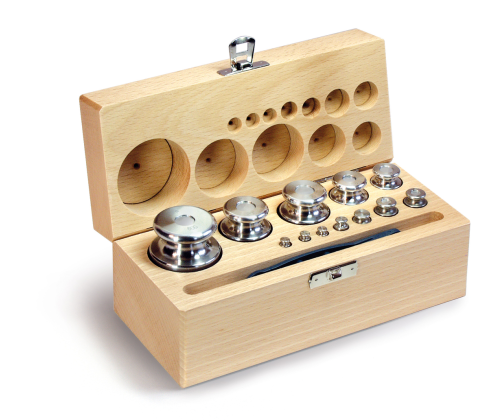 F2 1 g -  500 g Set of weights in wooden box, Finely turned stainless steel (O...